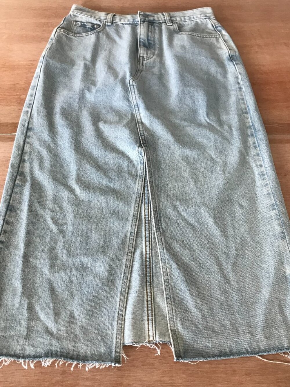 Miou Muse Clover Midi Denim Skirt Women M Blue Front Slit Pocket Raw Hem Relaxed